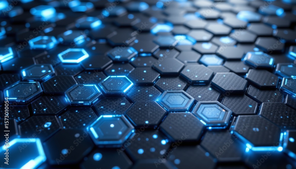 Poster close up view of a dark hexagonal grid with illuminated blue circuitry and glowing particles