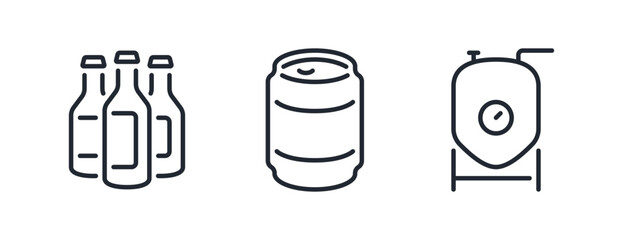 Beer can, bottle and brewery editable stroke outline icons set isolated on white background flat vector illustration. Pixel perfect. 64 x 64.	