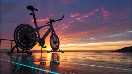 Fototapeta premium Futuristic Exercise Bike with Neon Glow at Vibrant Sunset in Retro Wave Style