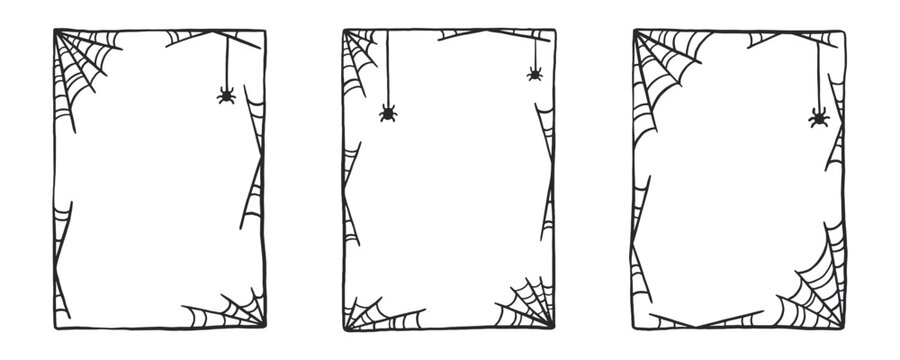 Spider web frame collection vector illustration. Halloween holiday vertical border template.