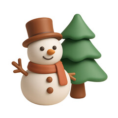 Charming 3D Snowman and Christmas Tree Illustration Warm Holiday Season Graphic