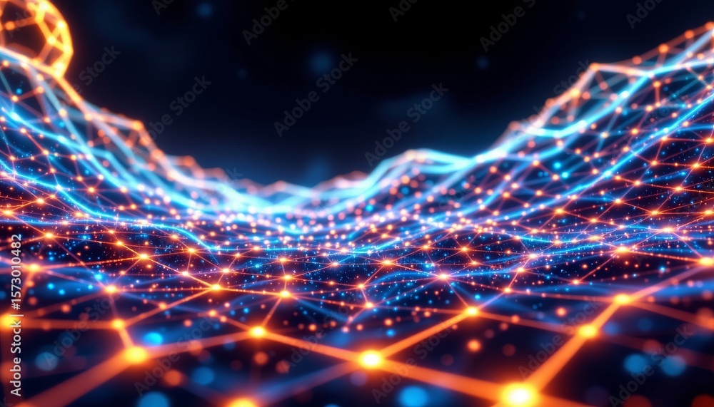Poster abstract glowing network of interconnected lines and nodes digital technology visualization