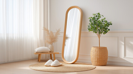 Minimalist bedroom corner with tall oval wooden framed full-length mirror, natural jute round rug, small eucalyptus plant in woven basket planter, white sheer curtains, cream woven slippers on floor.