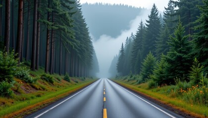 Wet asphalt road winding through a dense pine forest with misty mountain backdrop