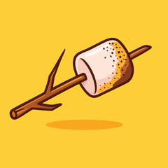 Toasted marshmallow on a wooden stick illustrated in a playful cartoon style. Ideal for camping content, children's illustrations, or food packaging designs.

