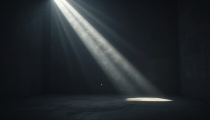 Single Ray of Light Illuminating Dusty Particles in a Dark, Empty Room, Concept of Hope or Solitude