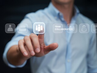 Person touching digital interface with team collaboration icon business technology