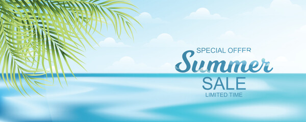 Obraz premium Summer sale banner with palm leaves and tropical beach background
