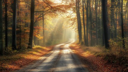 Fototapeta premium Autumn Forest Path Sunlit Road.