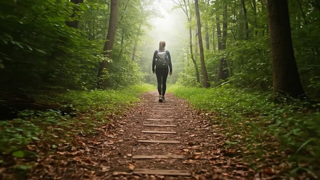 Person hiking on a trail in a forest