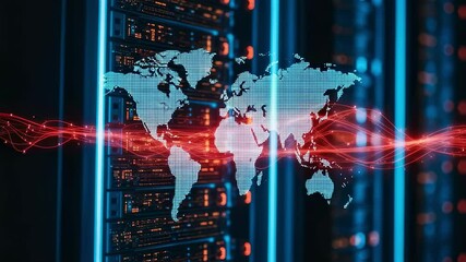 Illuminated server racks and a digital world map illustrate global data flow and connectivity. Bright red light trails represent high speed data transmission across networks - Powered by Adobe