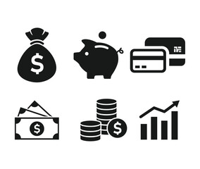 Money, budget, savings, loan, cash, earning, income, wallet, currency, dollar, card, coin, revenue, piggy bank, and profit icon set. Finance business thin line icon collection	
