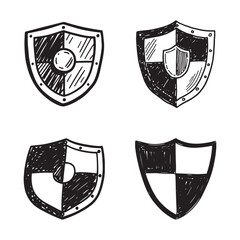 Shield icon in doodle sketch lines protection
