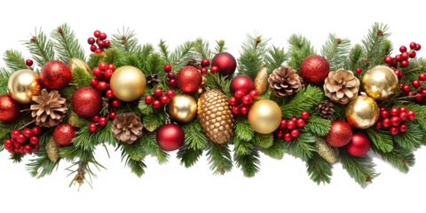 A festive christmas garland with pine branches, red and gold ornaments, berries, and pine cones creates a traditional holiday decoration isolated on transparent background