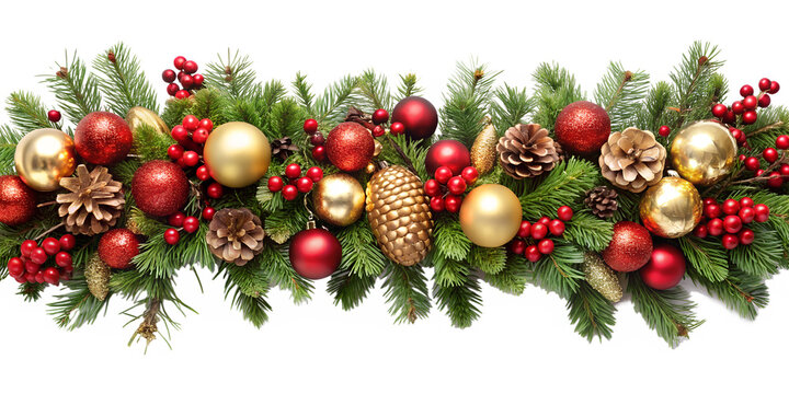 A festive christmas garland with pine branches, red and gold ornaments, berries, and pine cones creates a traditional holiday decoration isolated on transparent background - Powered by Adobe