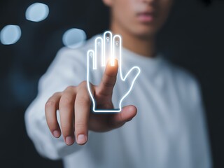 Person touching glowing digital hand outline with circuits finger technology