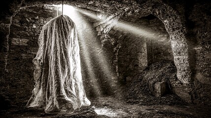artistic rendition of a ham hanging in a cool, dark cellar, with shafts of light highlighting dust motes and the ancient stone walls. The image evokes a sense of timeless tradition and the slow, 