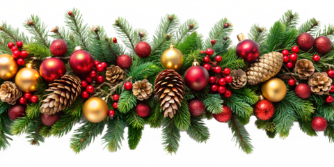 A festive christmas garland with pine branches, red and gold ornaments, berries, and pine cones creates a traditional holiday decoration isolated on transparent background