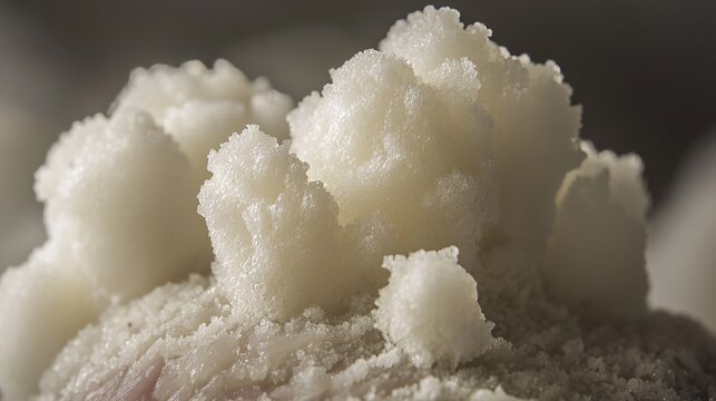 close-up of mold on a curing ham, specifically the beneficial white mold, illustrating a natural and essential part of the aging process for certain types of ham. Macro photography detail with 