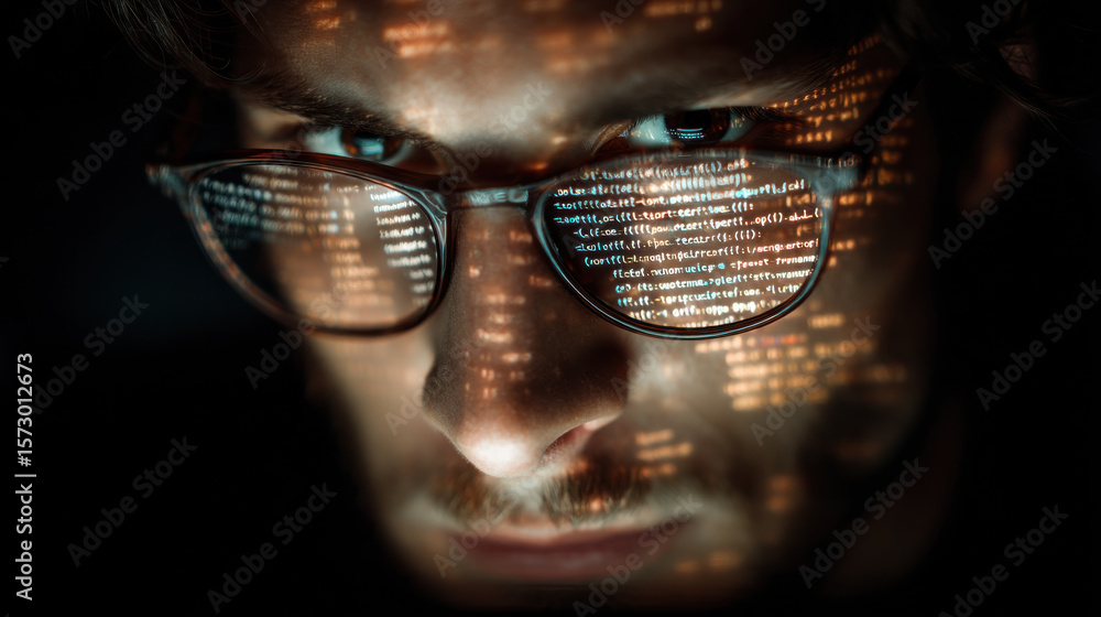 Poster programmer in glasses, intense gaze, with glowing lines of code reflected in the lenses, dark backgr