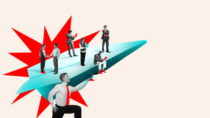 Modern composition. Several professionals in formal attire stand on a large flying turquoise paper...