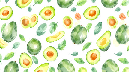 Watercolor background pattern avocado on white background