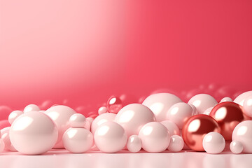  floating red and white 3d spheres on pink gradient backdrop with soft lighting
