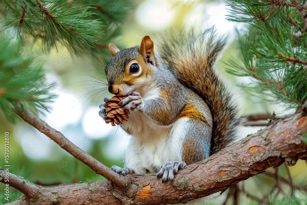 Poster squirrel enjoys a meal of pine cone while perched on a branch in a lush tree setting, squirrel eatin