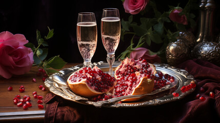  elegant romantic dinner setup with wine glasses and meat platter in dim light