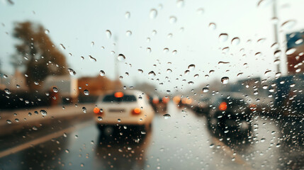 Raindrops on car windshield with blurred view of traffic on wet road.