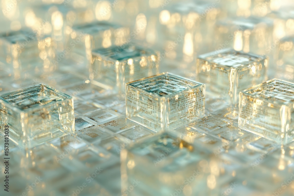 Poster closeup of glass cubes reflecting light over a computer code background in a seamless design, comput