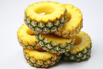  fresh pineapple slices stacked in cylindrical shape on white background
