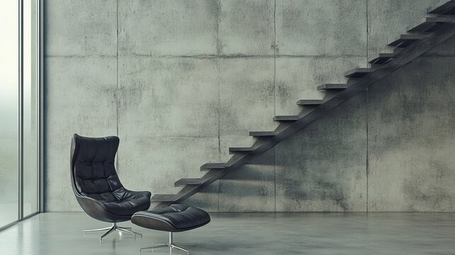Modern minimalist interior featuring a sleek leather armchair and ottoman, positioned against a raw concrete wall with a floating staircase leading upwards