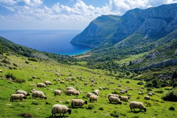 Sheep grazing on lush hills of rural Zakynthos island with scenic coastal view in the background, Sheep herd graze on hills of rural Zakynthos island countryside Greece