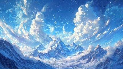 A breathtaking panorama unfolds, showcasing majestic snow-capped mountains piercing through an ethereal sky adorned with swirling clouds and celestial stardust, creating a dreamlike landscape