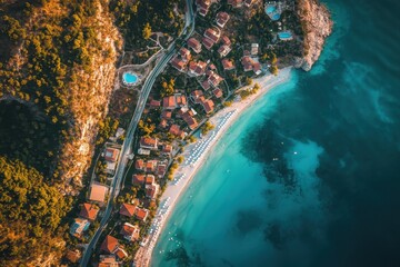 Breathtaking aerial view of Oludeniz showcasing stunning beaches and vibrant coastal life, Aerial view of Oludeniz in district of Fethiye, Mugla Province, Turkey