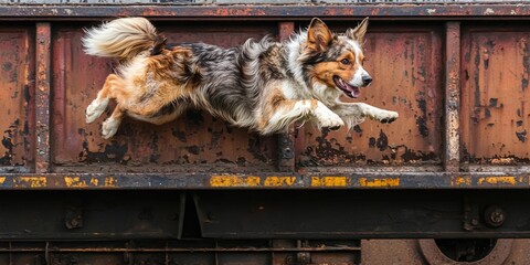 A shepherd dog jumping between train cars