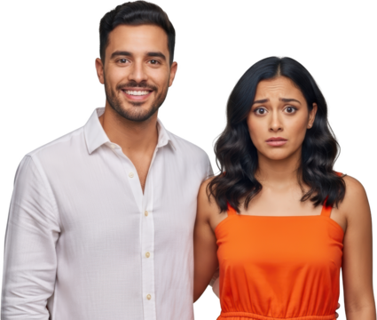 Smiling Man And Worried Woman Standing Together On A Transparent Background Showing Contrasting Emotions