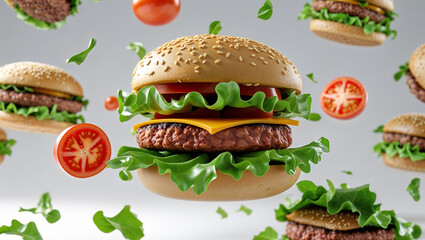 3D render of burger ingredients floating in the air, realistic meat patty, lettuce, tomato, cheese, sesame bun, isolated on white, high resolution