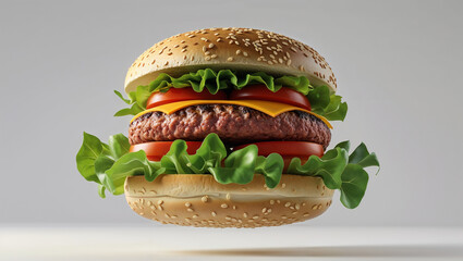 3D render of burger ingredients floating in the air, realistic meat patty, lettuce, tomato, cheese, sesame bun, isolated on white, high resolution