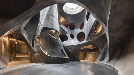 Sculptural concrete interior with organic forms, cavernous spaces, and circular openings, showcasing unique architectural design