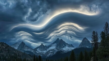 Dramatic lenticular cloud formation over snow-capped mountains, capturing the ethereal beauty of nature's artwork and the peaceful ambiance of the landscape