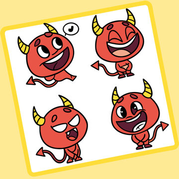 Four cartoon red devils with yellow horns displaying different emotions on a white background panel