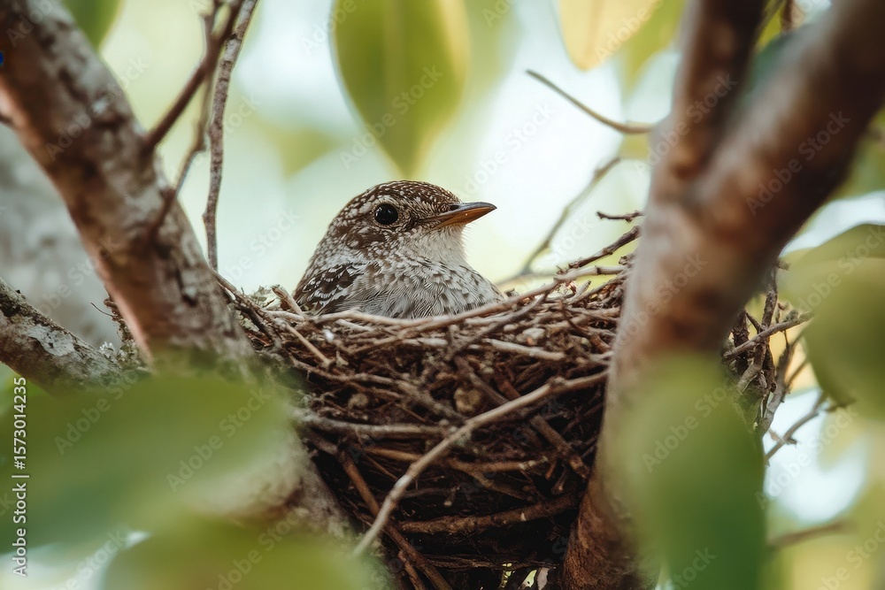 Poster small bird resting comfortably in a twig nest on a tree branch during a sunny day, small bird restin
