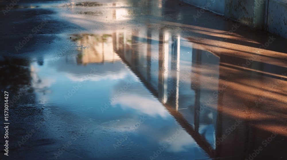 Poster reflection of clouds and sunlight on a wet pavement after rain in an urban setting during early even