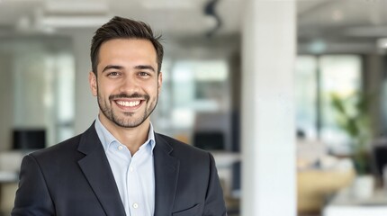 Obraz premium Cheerful young businessman with a confident smile looking at the camera in a bright office.