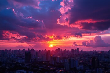 Fototapeta premium Vivid sunset illuminates city skyline with dramatic clouds over urban landscape, Sunset over city skyline with clouds