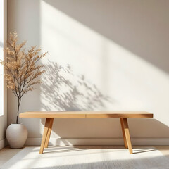 Minimalist interior with wooden bench vase and plant casting shadows on a white wall in sunlight
