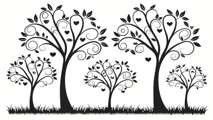 Obraz premium Stylized Black and White Ornate Tree Illustration with Heart Motifs, Decorative Graphic Design