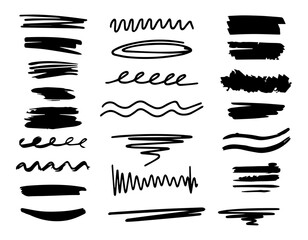 Versatile set of black hand-drawn strokes, scribbles, and underlines created with markers, brushes and ink pens. Perfect for graphic design, note-taking elements. Vector doodle illustration.